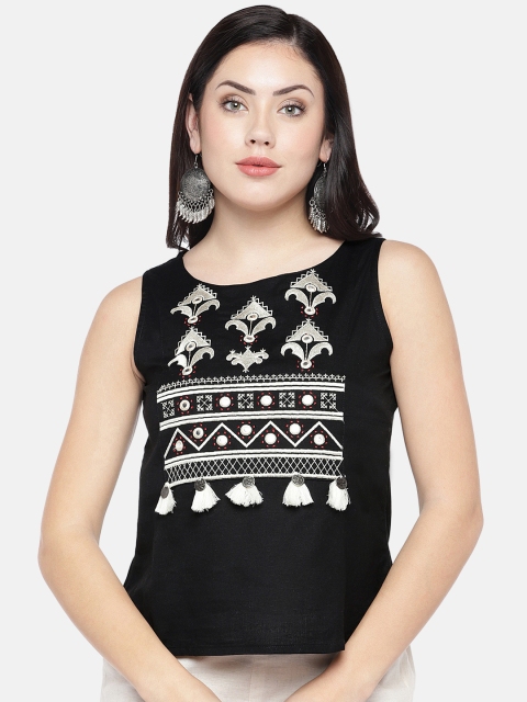 

Ethnicity Women Black Embroidered Pure Cotton Top