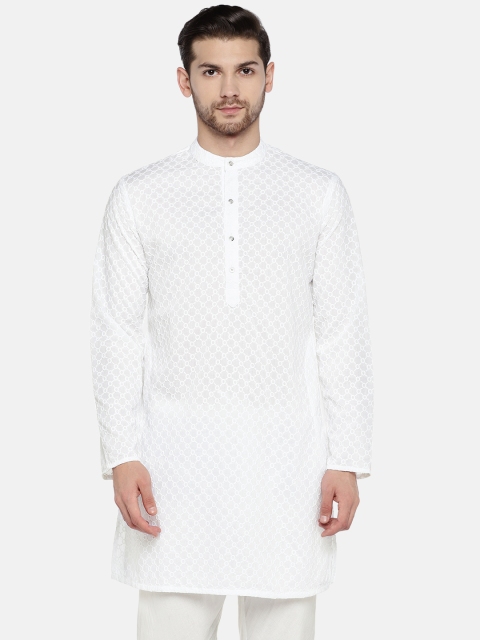 

Ethnicity Men White Printed Straight Kurta