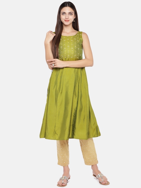 

Ethnicity Women Green Yoke Design A-Line Silk Kurta