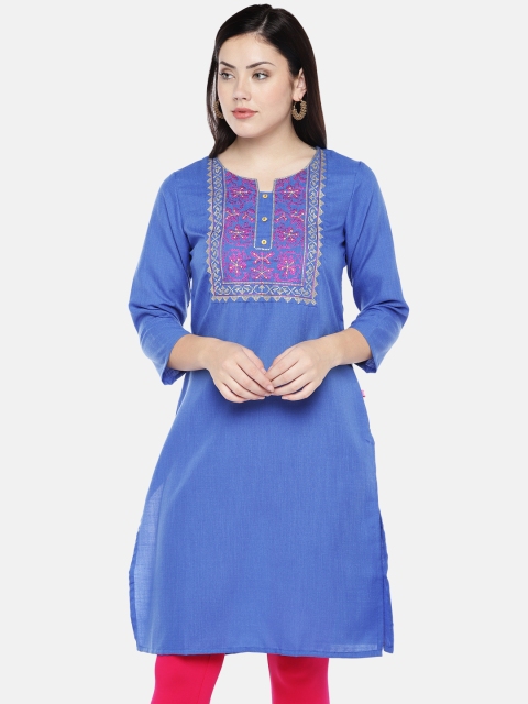 

Ethnicity Women Blue & Pink Embroidered Straight Kurta