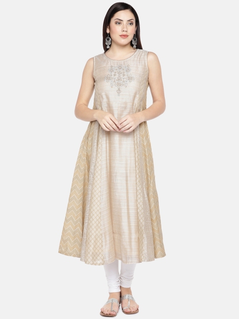

Ethnicity Women Beige Embroidered A-Line Kurta