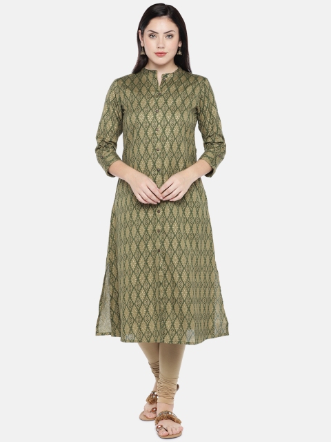 

Ethnicity Women Olive Green Printed Straight Kurta