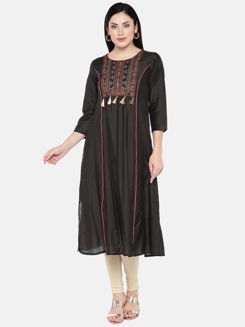 

Ethnicity Women Olive Green Embroidered A-Line Kurta