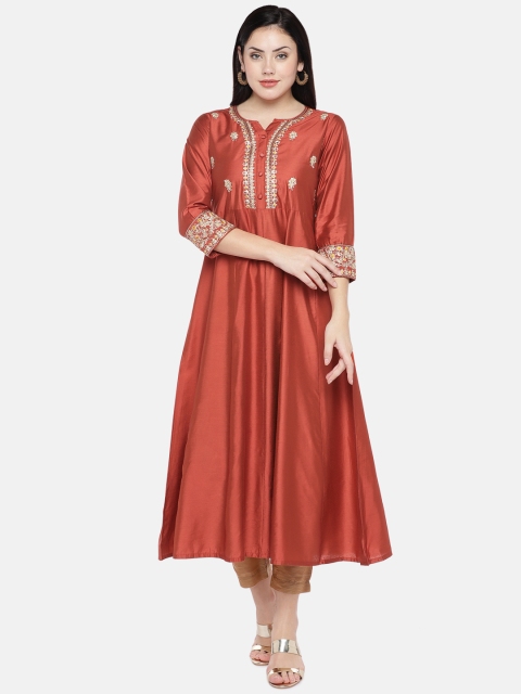 

Ethnicity Women Rust Red & Gold-Toned Embroidered A-Line Kurta