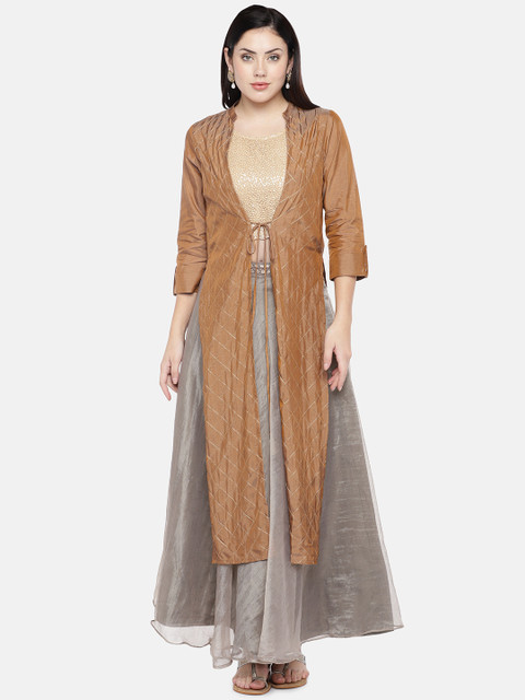 

Ethnicity Women Gold-Toned Solid Tie-Up Shrug