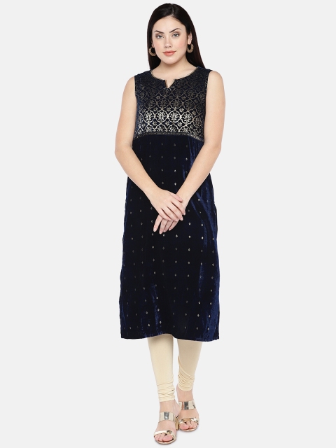 

Ethnicity Women Navy Blue Printed A-Line Kurta