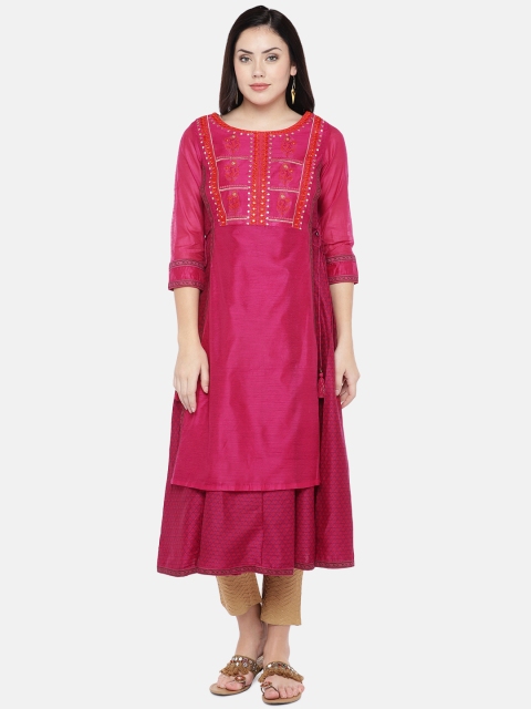 

Ethnicity Women Fuchsia Pink Embroidered A-Line Kurta