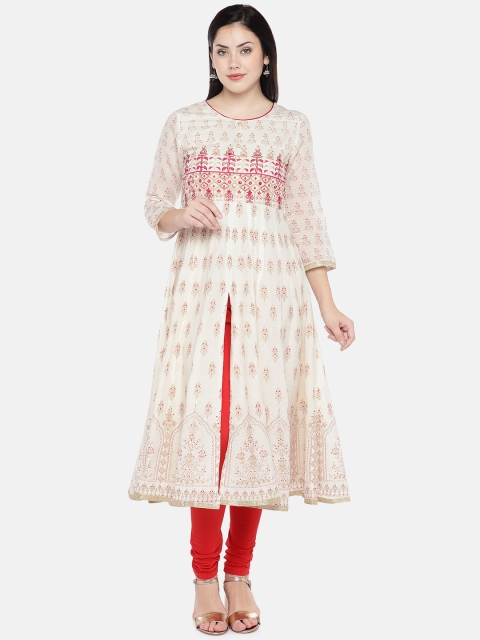 

Ethnicity Women Off-White & Red Printed Chanderi Cotton Anarkali Kurta