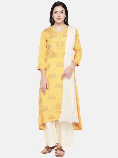 

Ethnicity Women Mustard & Cream-Coloured Printed Kurta with Palazzos & Dupatta