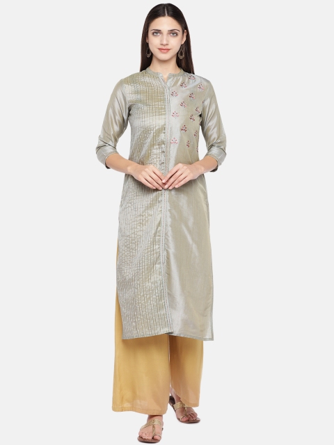 

Ethnicity Women Grey & Pink Embroidered Straight Kurta
