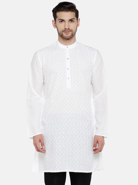 

Ethnicity Men White Printed Straight Kurta