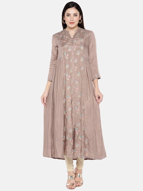 

Ethnicity Women Taupe Embroidered A-Line Kurta