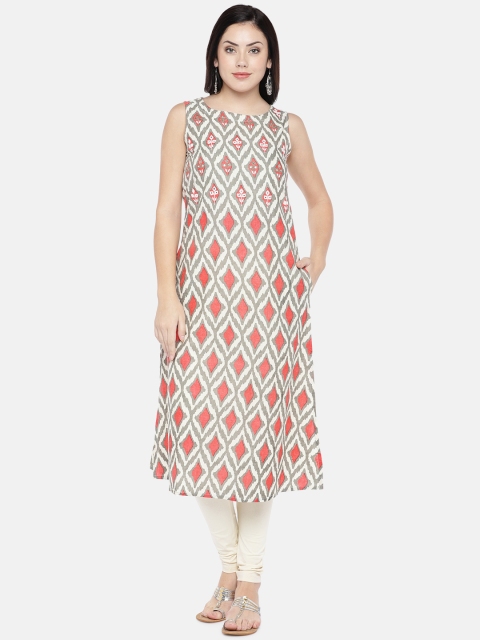 

Ethnicity Women Coral Pink & Off-White Printed Straight Kurta