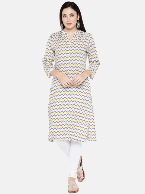

Ethnicity Women Grey & Yellow Printed Straight Kurta