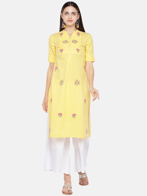 

Ethnicity Women Yellow & White Checked Linen A-Line Kurta