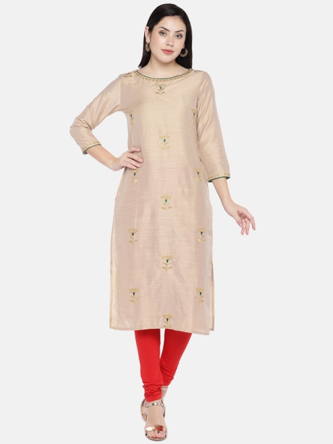 

Ethnicity Women Beige & Gold-Toned Embroidered A-Line Kurta