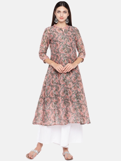 

Ethnicity Women Grey & Pink Printed A-Line Kurta