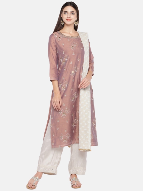 

Ethnicity Women Pink & Off-White Embroidered Kurta with Palazzos & Dupatta