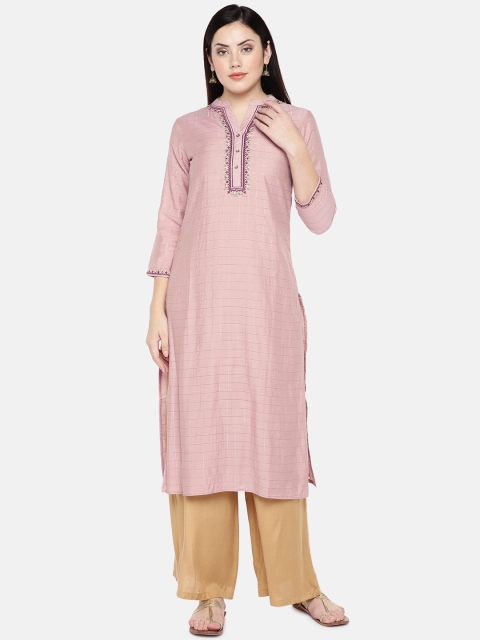 

Ethnicity Women Pink & Gold-Coloured Checked Straight Kurta