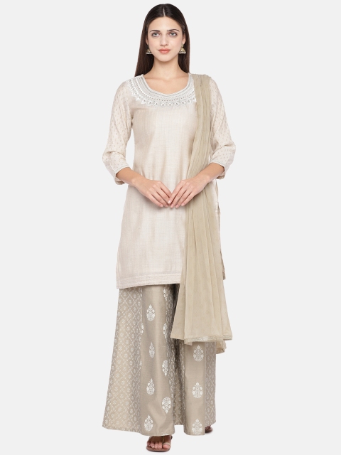 

Ethnicity Women Beige Solid Kurta with Palazzos & Dupatta