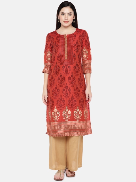 

Ethnicity Women Rust Brown & Gold-Coloured Printed Straight Kurta