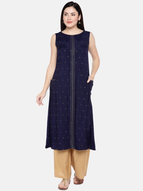 

Ethnicity Women Navy Blue & Gold-Coloured Printed A-Line Kurta