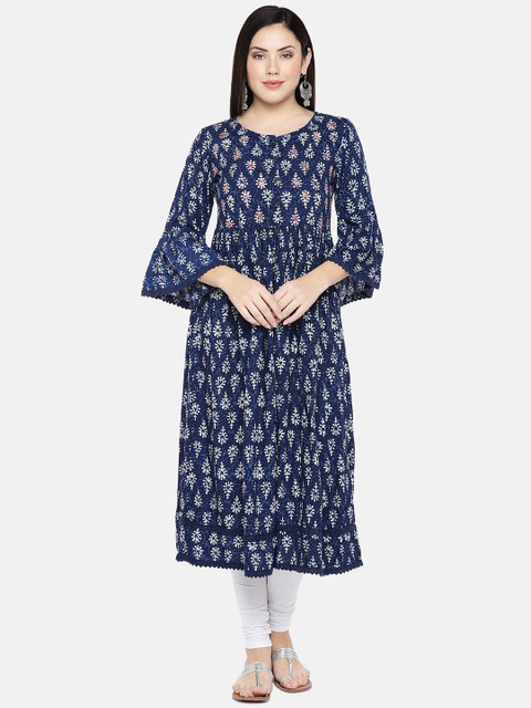 

Ethnicity Women Navy Blue & Off-White Printed A-Line Kurta