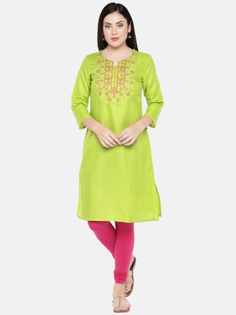 

Ethnicity Women Lime Green & Pink Yoke Design Straight Kurta