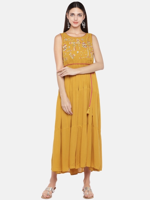 

Ethnicity Women Mustard Yellow Embroidered A-Line Ethnic Dress