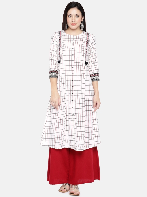 

Ethnicity Women Off-White & Red Embroidered A-Line Kurta