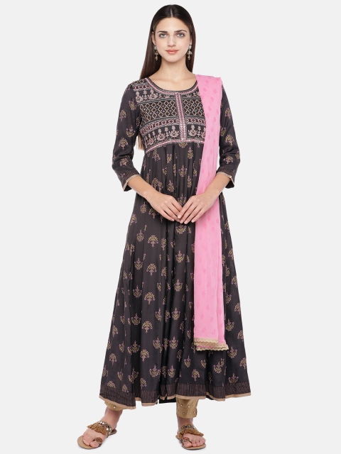

Ethnicity Women Brown & Pink Embroidered Anarkali Kurta With Dupatta