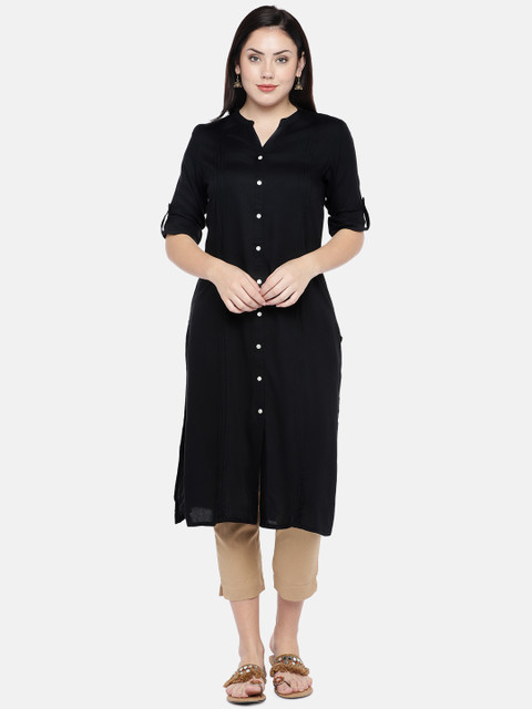 

Ethnicity Women Black Solid Straight Kurta