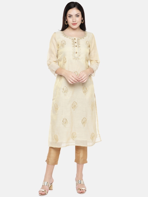 

Ethnicity Women Beige & Gold-Coloured Printed A-Line Kurta