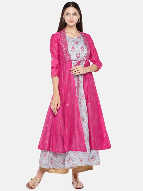

Ethnicity Women Fuchsia & Grey Printed A-Line Kurta With Ethnic Shrug