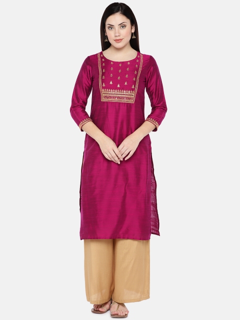 

Ethnicity Women Magenta & Gold-Toned Yoke Design Straight Kurta