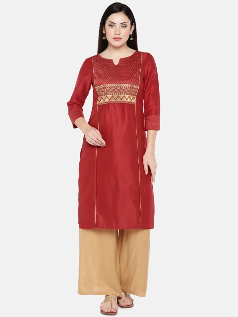 

Ethnicity Women Red & Gold-Toned Yoke Design Straight Kurta