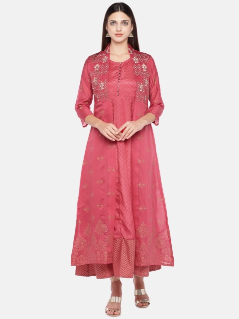 

Ethnicity Women Coral Pink Printed A-Line Kurta With Ethnic Shrug