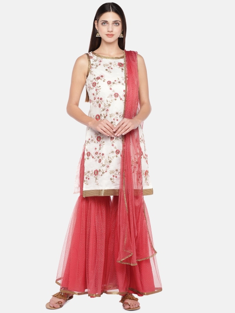 

Ethnicity Women Off-White & Pink Embroidered Kurta with Sharara & Dupatta