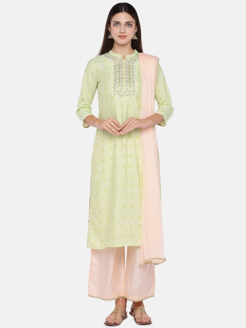 

Ethnicity Women Green & Peach-Coloured Printed Kurta with Palazzos & Dupatta