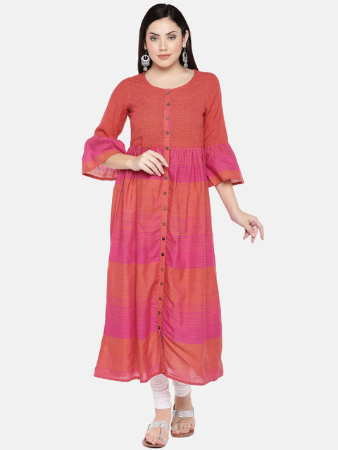 

Ethnicity Women Orange & Pink Striped A-Line Kurta
