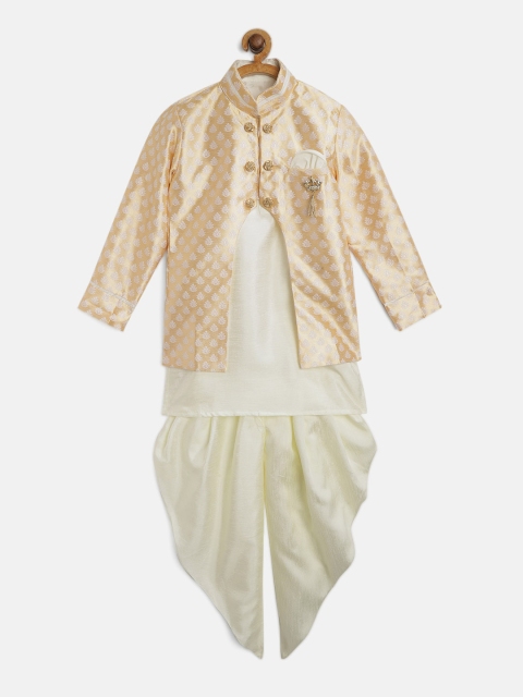 

ahhaaaa Boys Off-White & Beige Solid Kurta Set With Jacket, Gold