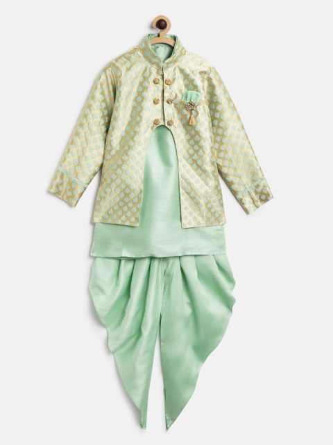 

ahhaaaa Boys Mint Green & Golden Solid Kurta Set With Jacket