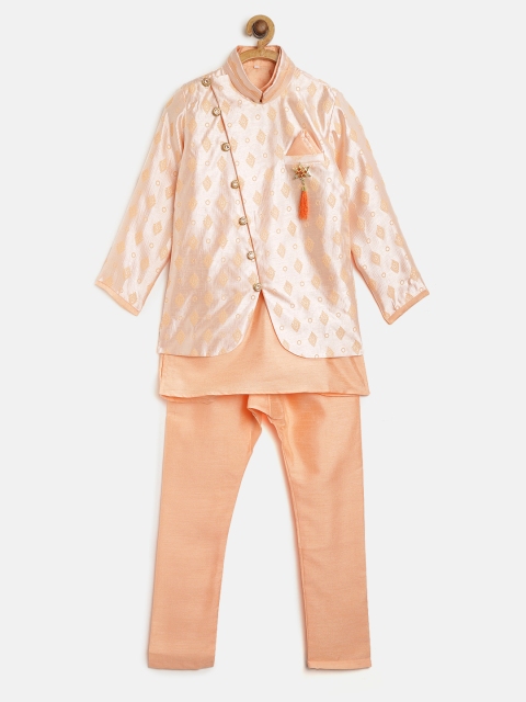 

ahhaaaa Boys Orange Solid Kurta with Trousers With Ethnic Jacket