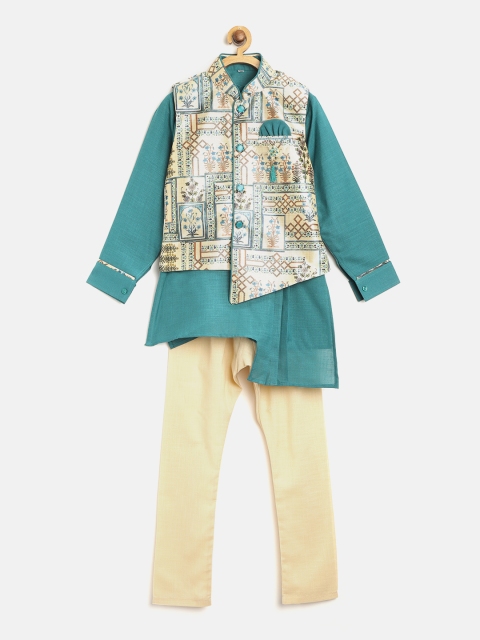 

ahhaaaa Boys Blue & Cream-Coloured Solid Kurta with Pyjamas & Nehru Jacket