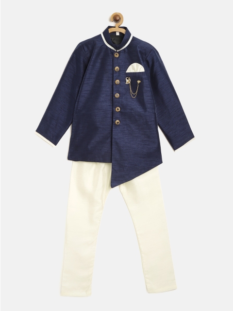 

ahhaaaa Boys Navy Blue & Cream-Coloured Solid Sherwani Set