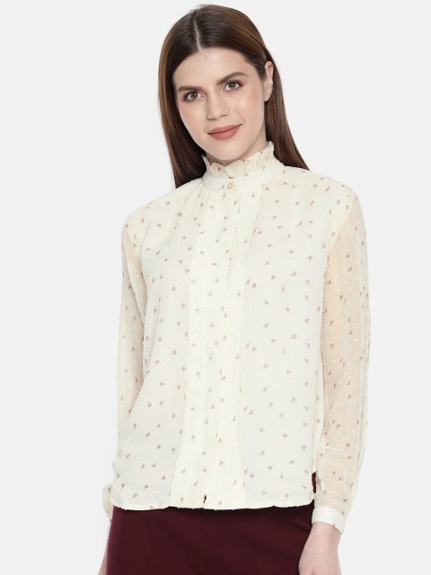 

CHANGE CONSTANT Women Embroidered Off-White Regular Fit Printed Casual Shirt