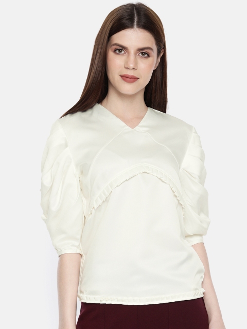 

CHANGE CONSTANT Women White Solid Top With Ruffle Detail