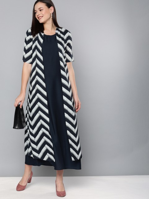 

HERE&NOW Women Navy Blue & White Solid A-Line Dress With Jacket