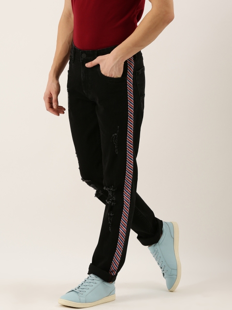 Men Black Slim Fit Mid-Rise Mildly Distressed Side Striped Stretchable Jeans