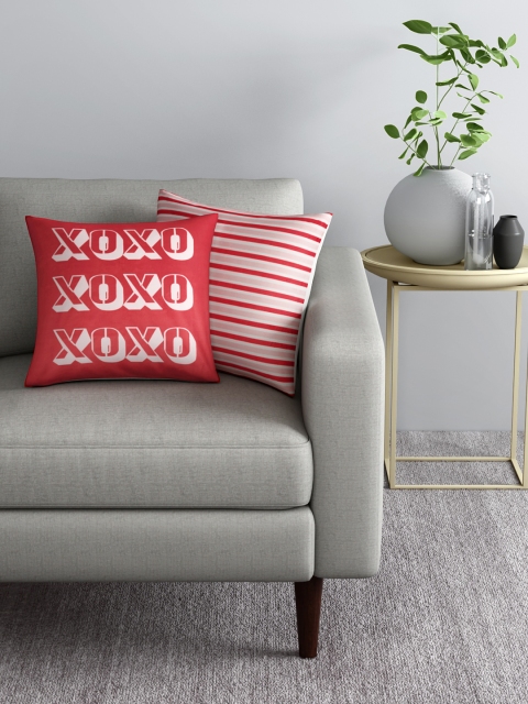 

Aura Set of 2 Printed & Striped Square Cushion Covers, Red